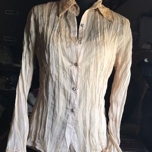 🚨B2G1 New L’ POGEE Tan Gold Jeweled Beaded Sheer Top with Built Under Tank B…
